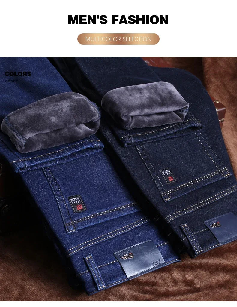 New Men's Fleece Warm Jeans Winter Thicken Plush Velvet Business Office Denim Trousers Brand Clothing Stretch Casual Male Pants