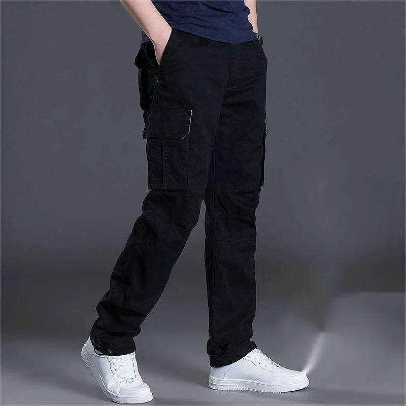 Men's Cotton Work Cargo Pants Tactical Military Hiking Outdoor Pants with 6 Pockets Elastic Waist