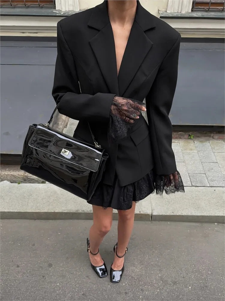 Elegant Lace Blazer Coat Women Fashion Office Lady Full Sleeve Single Breasted Jackets 2025 New Autumn Black Casual Slim Coats