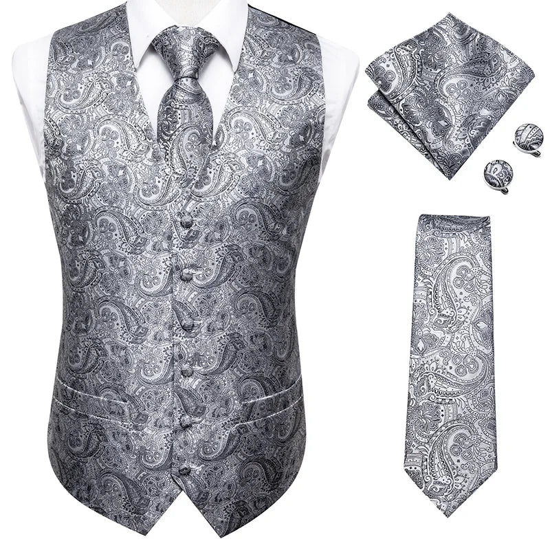 Hi-Tie Black Luxury Paisley Men's Vest Set Hanky Cufflinks For Wedding 100% Silk Vest For Men Gold Waistcoat Yellow Classic Vest
