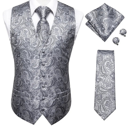 Hi-Tie Black Luxury Paisley Men's Vest Set Hanky Cufflinks For Wedding 100% Silk Vest For Men Gold Waistcoat Yellow Classic Vest