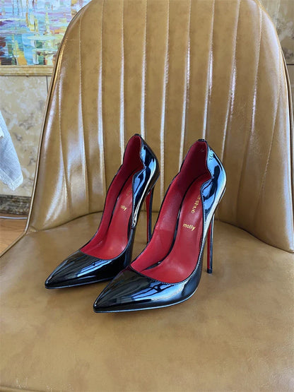 Spring and Autumn New Lacquer Wave V-neck High Heels 12cm Fashionable and Sexy Commuting Single Shoes