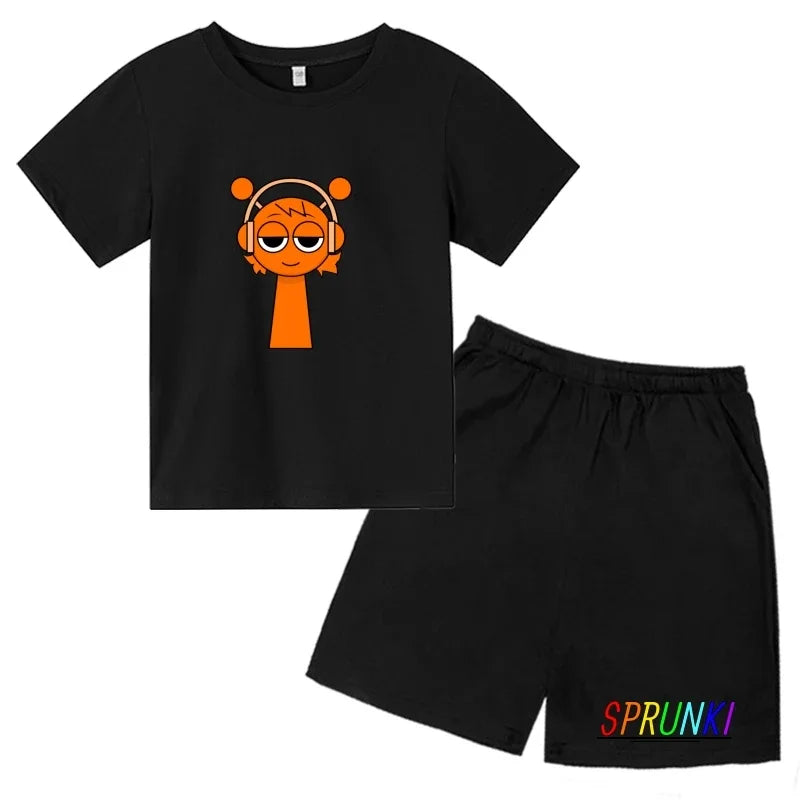 2026 Sprunki Kids T-Shirt + Shorts Set, Boys Girls Cartoon Game Printed Cotton Short Sleeve 2Pcs Summer Casual Outfit