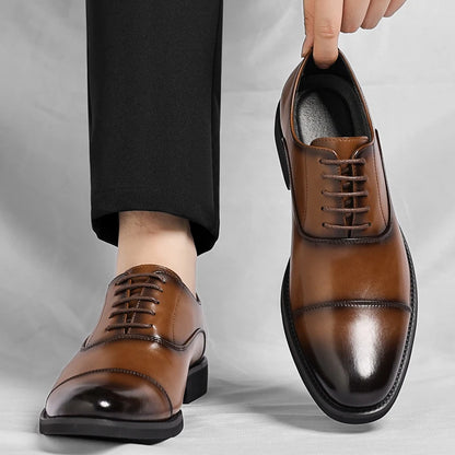 Mens Brown Gradient Leather Cap Toe Oxford Dress Shoes Lace Up Formal Business Office Work Daily Wear Comfortable Non Slip Shoes