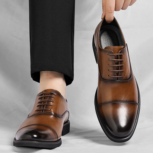 Mens Brown Gradient Leather Cap Toe Oxford Dress Shoes Lace Up Formal Business Office Work Daily Wear Comfortable Non Slip Shoes