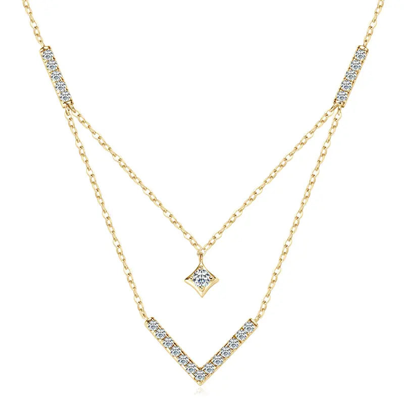 Sparkling 3mm&1.8mm Round Moissanite Necklace 925 Sterling Silver Fashion V-Shape Necklaces for Women Fine Jewelry Gift