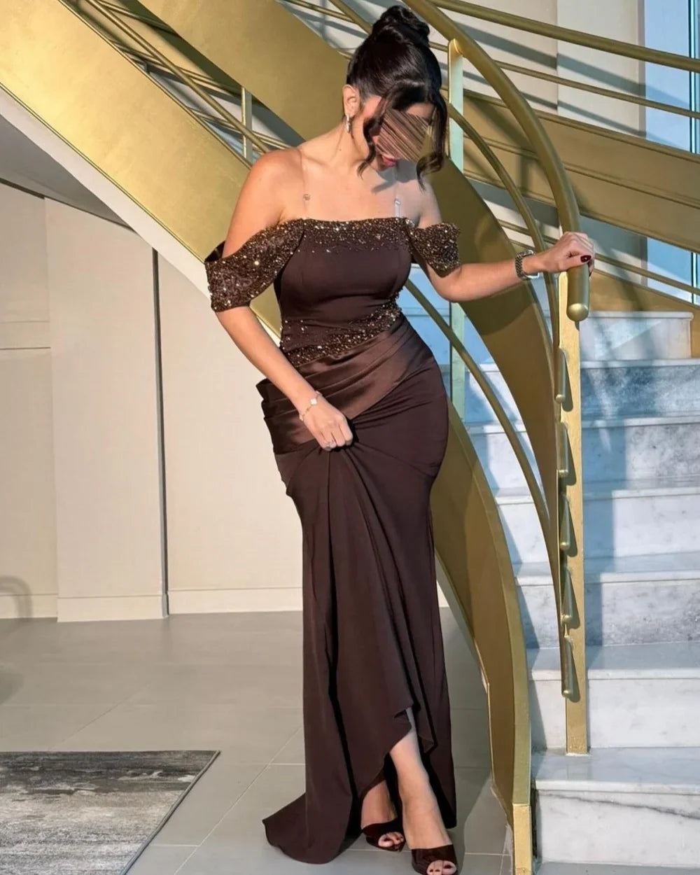 Customized Sparkle Elegant Jersey Sequined Beading A-line Off-the-shoulder Long Dresses Bespoke Occasion Dresses Modern Style