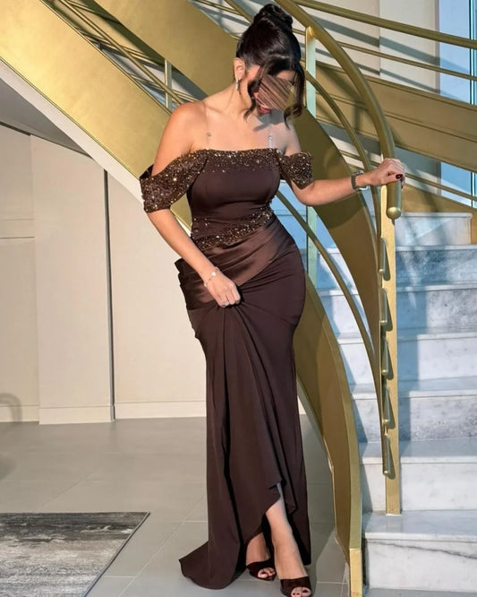 Customized Sparkle Elegant Jersey Sequined Beading A-line Off-the-shoulder Long Dresses Bespoke Occasion Dresses Modern Style