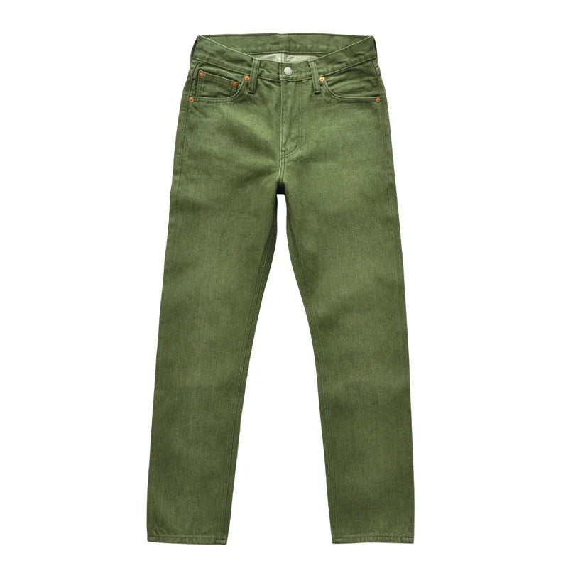 Men Jeans Vulcanization Olive Green 107 Selvedge Denim Jeans Men Washed Slim Fit 14 Oz Zipper Fly