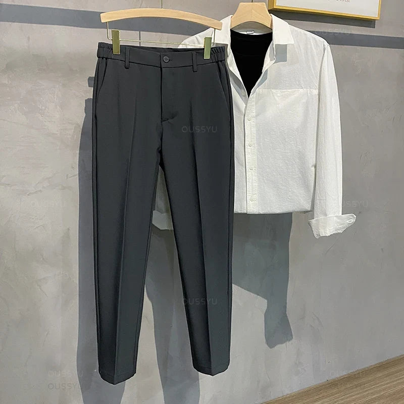 Summer Men's Casual Pants Suit Pant Slim Fit Work Elastic Waist Thin Jogging Business Trousers Male Black Grey Plus Size 40