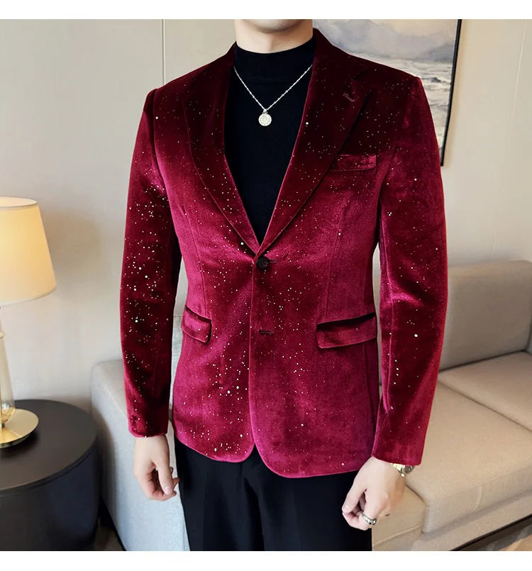 High Quality Velvet Bronzing Suit Coats Mens Sparkle Elegant Slim Business Suits Jacket Homme Formal Social Prom Party Tuxedos