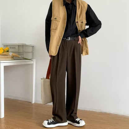 Brown Black Suit Pants Men Fashion Social Mens Dress Pants Korean Loose Straight Wide Leg Pants Mens Office Formal Trousers
