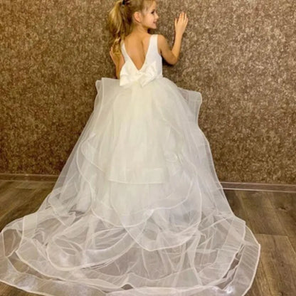 Cute Flower Girl Dresses for Wedding Big Bow Appliques Long Little Pageant Gowns Girls White Tulle First Communion Gowns