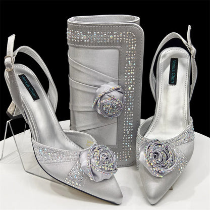 Sparkling Rhinestone Rose Pumps With Medium Heel for Nigerian Women's Party, Pointed Toe Shoes and Matching Bags