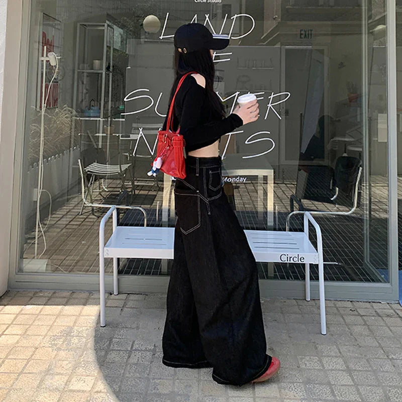 Y2k Clothes Jeans For Woman Baggy Loose Wide Leg Distressed Washed High Waist Trousers Streetwear Casual Long Pants