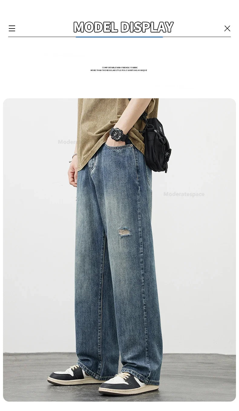 Korea Baggy Jeans Men's Vintage Straight Ripped Y2k Pants Fashion Frayed High Street Distressed Denim Trousers Male Clothes