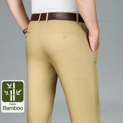 Bamboo Fiber Summer Casual Pants Men's Ultra-thin Iron-free Anti-wrinkle Loose Business Straight Elastic Trousers Brand Clothing