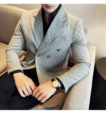 6 Color Luxury Double Breasted Blazers Coats 2024 New Fashion Checkered Business Slim Fit Social   Formal Suit Jacket 5XL-M
