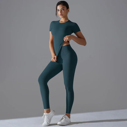 Yoga Set Women Workout Set Sportswear Gym Clothing Fitness Shorts Sleeve Crop Top High Waist Leggings Sports Suits