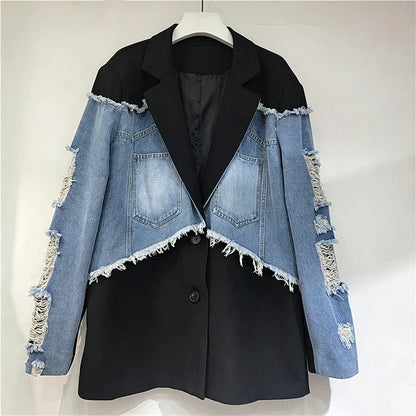 2026 Autumn Elegant Style Faux Two-piece Suit Jacket For Women Raw Edges Ripped Denim Patchwork Loose-fit Blazer 29A9124