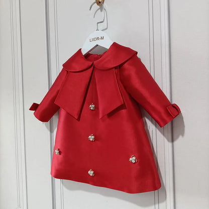 New Girls Western Style Long-Sleeved RedAWord PrincessAExpansion Skirt Handmade Pearl Diamond Dress Skirt