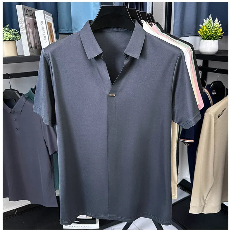 High quality ice silk short sleeve T-shirt men's lapel top trendy brand design cool silky breathable summer casual polo shirt