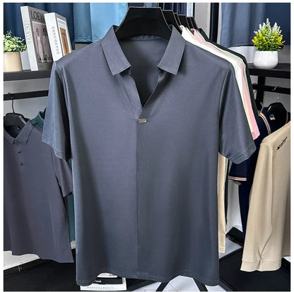 High quality ice silk short sleeve T-shirt men's lapel top trendy brand design cool silky breathable summer casual polo shirt