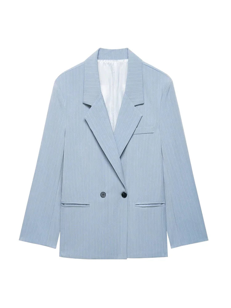 Women's Old Money Style Ovesized Striped Blazer Coat Long Sleeve Front Pockets Chic Oversize Top Female Outerwear
