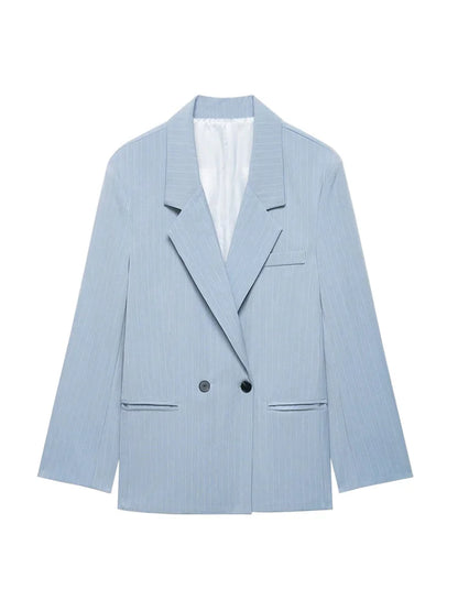 Women's Old Money Style Ovesized Striped Blazer Coat Long Sleeve Front Pockets Chic Oversize Top Female Outerwear