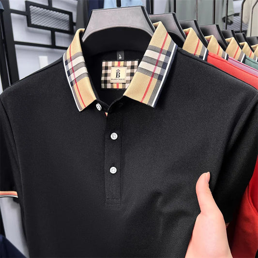 Fashion brand luxury short sleeve polo shirt men summer quality silky cotton breathable business casual striped collar T-shirt