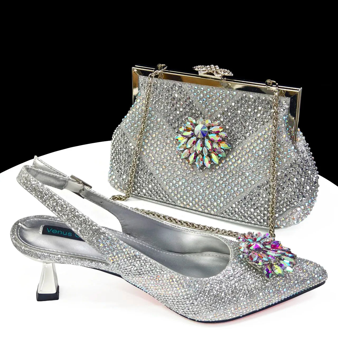 2024 Italian Design Rhinestone Luxury Wine Colour Pointed Toe Shoe & Bag Set Women's High Heels for Parties By Venus Chan
