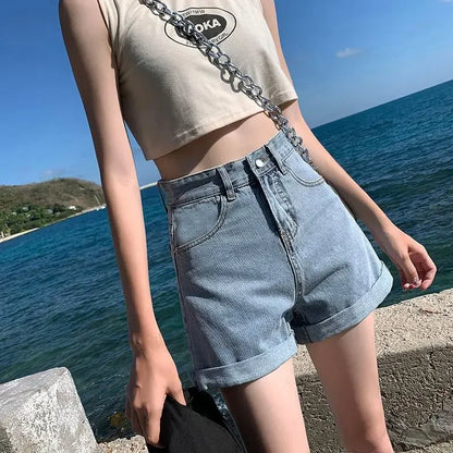 Summer Thin Style Korean Version High Waist Slimming Denim Shorts for Women Loose Line Outer Wear Rolled Edge Wide Leg Hot Pants