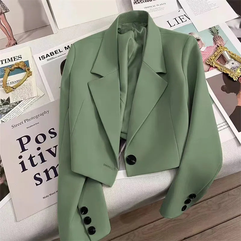 Autumn Solid Color Cropped Suit Jacket for Women Turn Down Collar Single Button Blazer Female Casual Office Lady Blazers Coat
