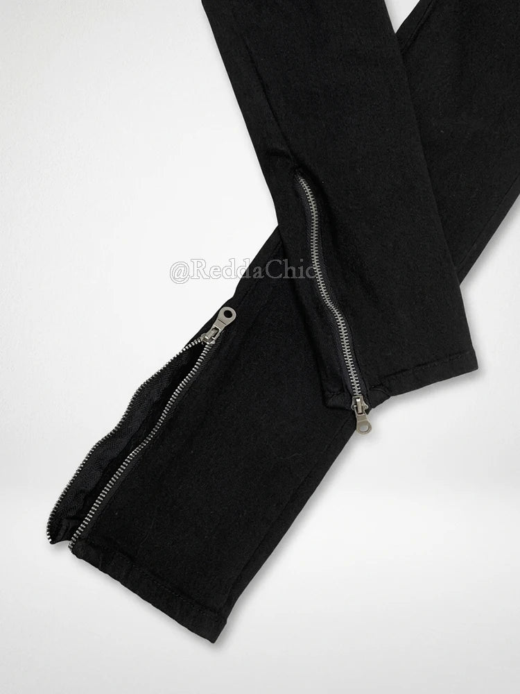 Women Tight Low Rise Jeans Biker Moto Zipper Cuffs Stretchy Black Split Straight Denim Pants Rokku Gyaru Streetwear