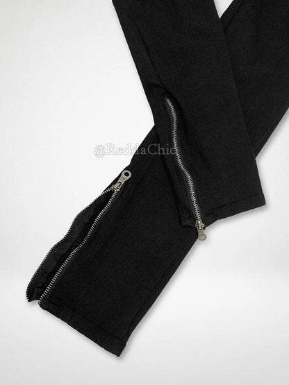 Women Tight Low Rise Jeans Biker Moto Zipper Cuffs Stretchy Black Split Straight Denim Pants Rokku Gyaru Streetwear