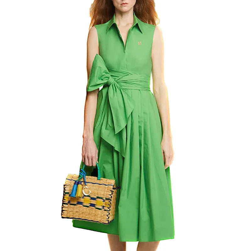 2024 Summer New Casual Commuting Elegant Lapel Women's Dress Fashion Solid color Ruched Buttoned V Neck Shirt Dresses