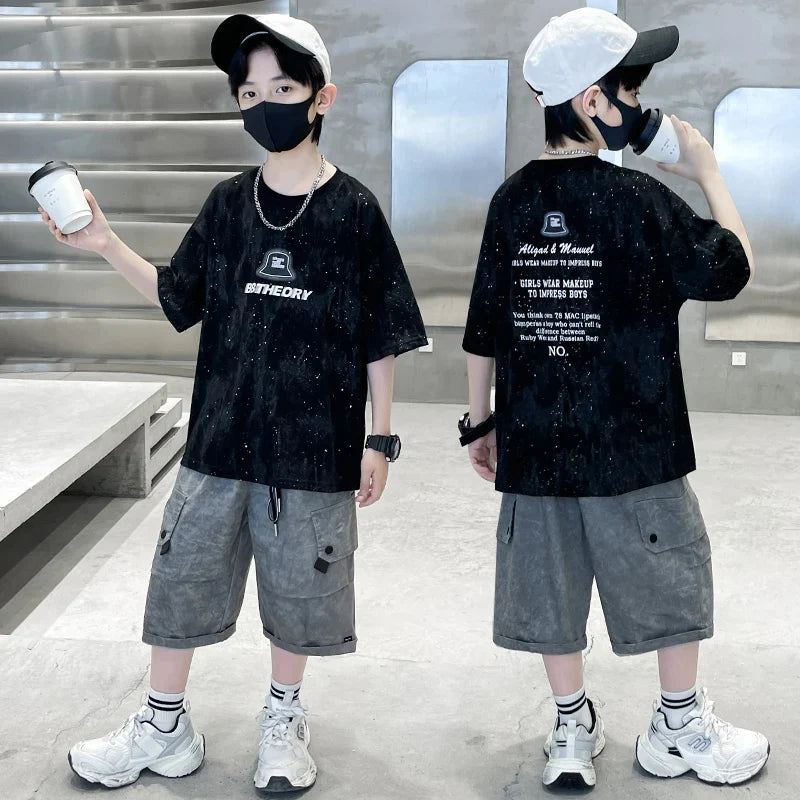 Child Summer Suit for Boy New Design Silver Sprinkles Print Cotton Top and Bottom Set Clothing 2 Piece Outfit For Kids Age 2-14Y