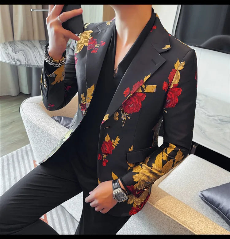 New Men Embroidered Jacquard Slim Fit Casual Suit Jacket Formal Prom Party Stage Costume Man Tuxedo Gentleman Blazers Suit Tops