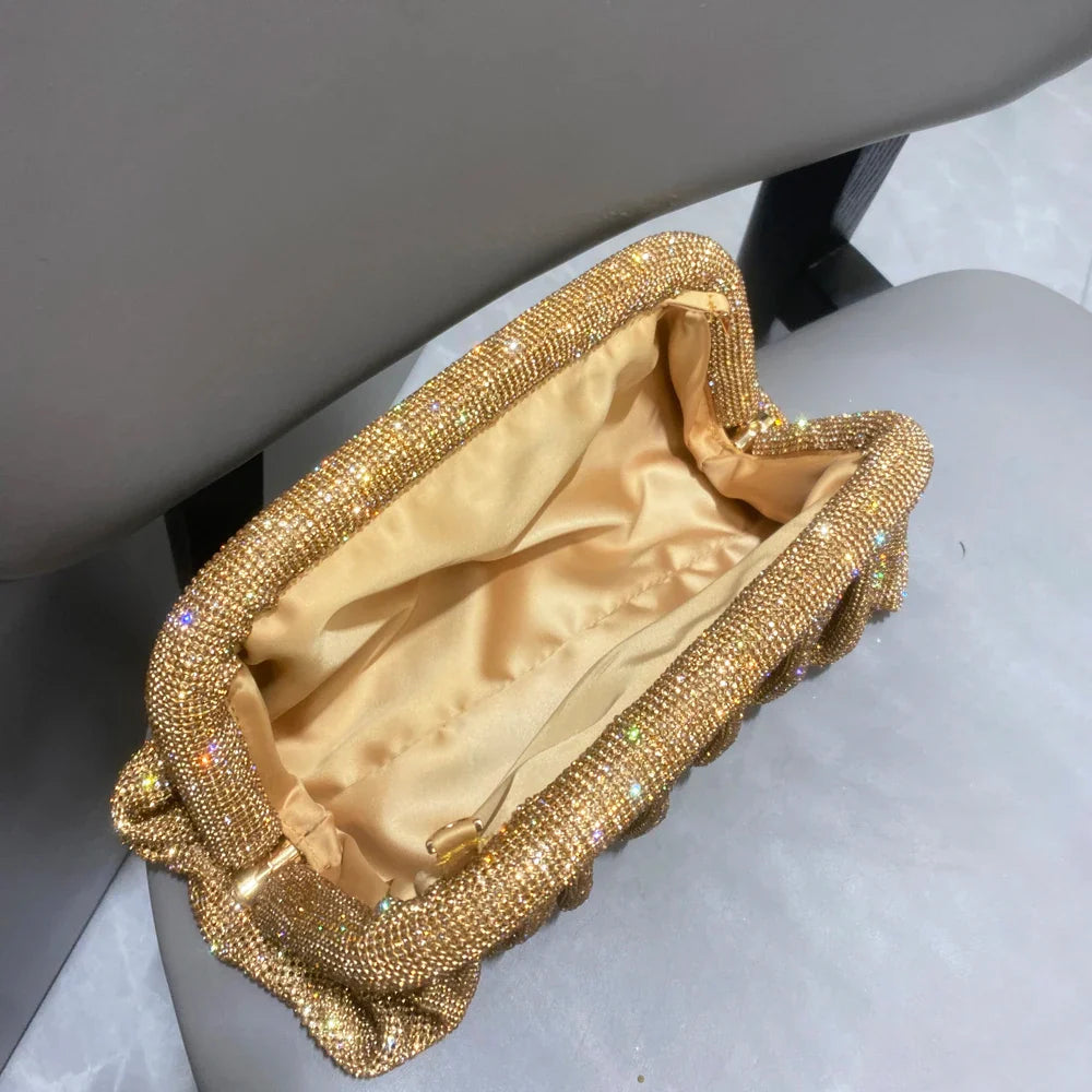 Shiny Handle Rhinestones Handmade Evening Clutch Bags New Folds Purses And Handbags Luxury Designer Wedding Party High Quality