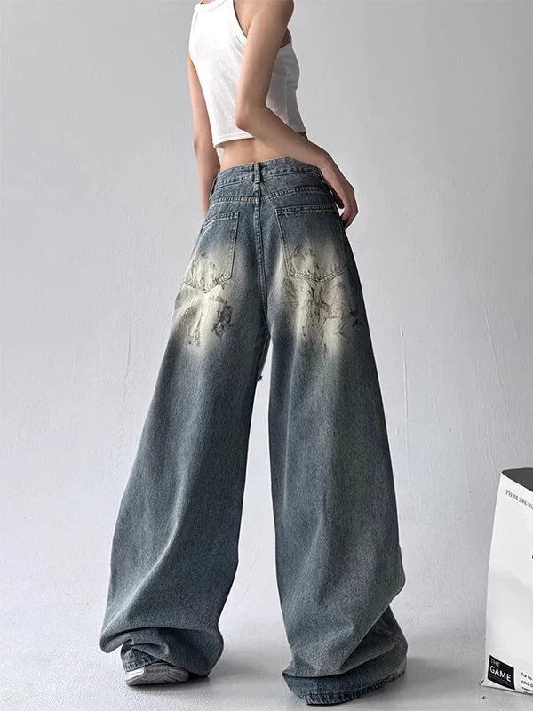 American Sle Trendy Girl Destroyed Denim Jeans Women Loose Wide Leg Straight Cut Floor-Length Pants High Waist Casual Jeans