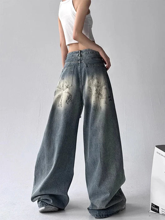 American Sle Trendy Girl Destroyed Denim Jeans Women Loose Wide Leg Straight Cut Floor-Length Pants High Waist Casual Jeans