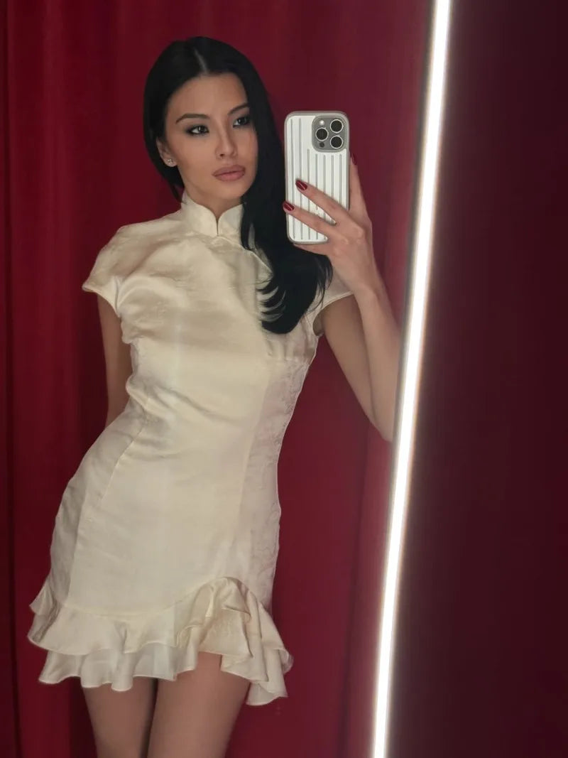 Women's Elegant Satin Evening Dress Fashion Stand Neck High Waist Slim Mini Dresses Party Sexy Short Sleeve Ruffle Dress