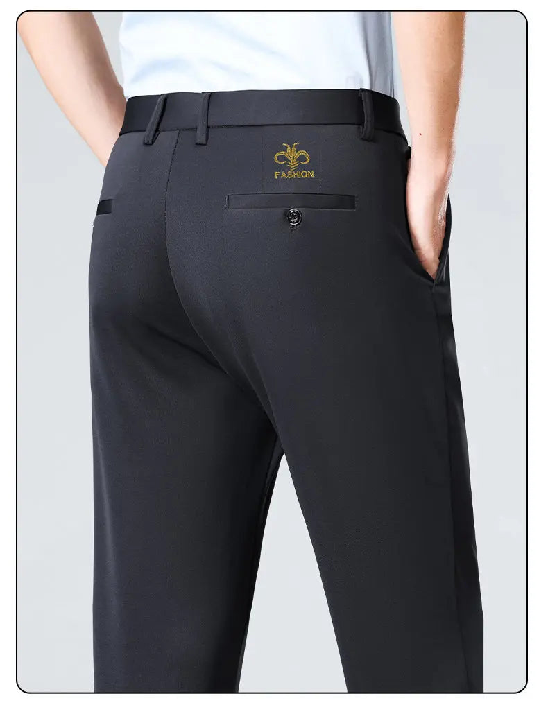 Men's Stretch Pants with Embroidery Casual Suit Pants Wrinkle Resistant Dress Pants