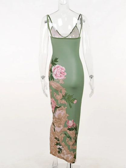 Floral Print Summer Green Dress Womens Fashion Casual Sleeveless V-neck Backless Tunics Bodycon Holiday Beach Dresses Streetwear