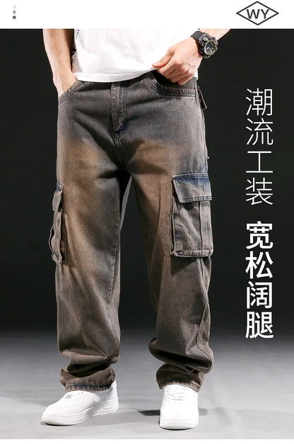 New Men's Fashion Multiple Pockets Loose Jeans Casual Denim Straight Pants Male Hip Hop Wide Leg Cargo Trousers Streetwear