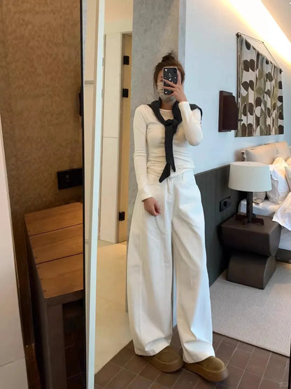 White Wide Leg Cutlass Jeans Women's Spring New Loose Straight Leg Long Denim Trousers Casual Streetwear Y2K Style Pants