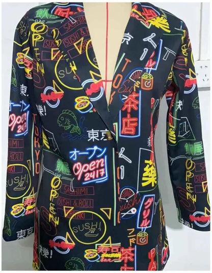 Elegant and Youth Blazer Spring Fashion Vintage Irregular Print Casual Woman Clothing High Street Lapel Blazer Woman Outerwears