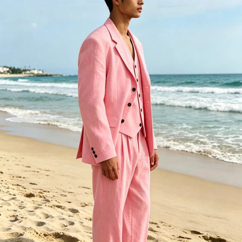 Men's Linen Suit Classic Notch Lapel 3 piece(Blazer+Vest+Pants)Breathable Wide Leg Trousers for Groom Spring Summer Party