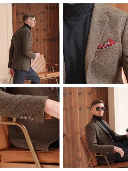 Autumn and Winter Thickeneded Retro Coarse Woolen Suit Business Casual British Style Herringbone Pattern Suit Jacket for Men
