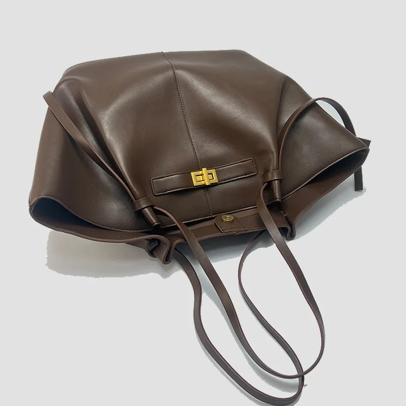 2026 New Large Capacity Trapeze Women Shoulder Bags Designer Metal Lock Handbags High-Quality Pu Leather Big Tote Commute Bag
